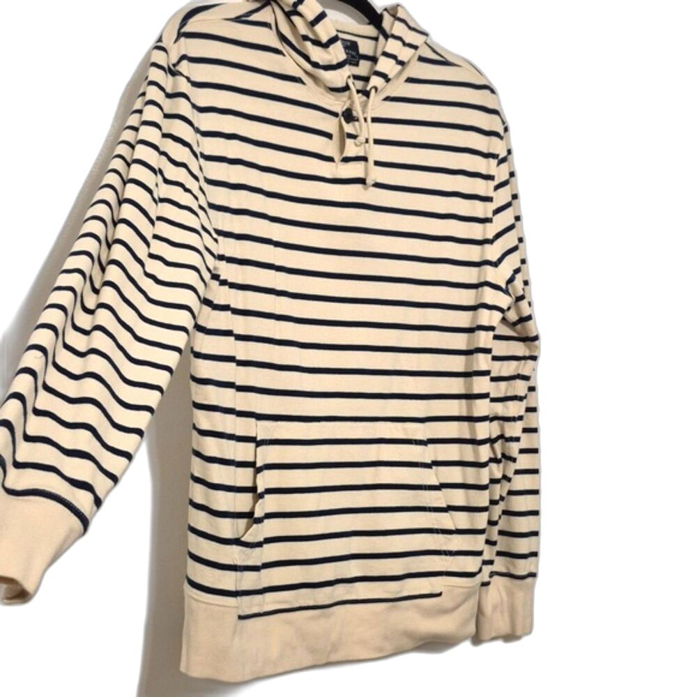 J.Crew Authentic Fleece Hooded Shirt M Striped Hoodie Navy Cream Cotton Pullover